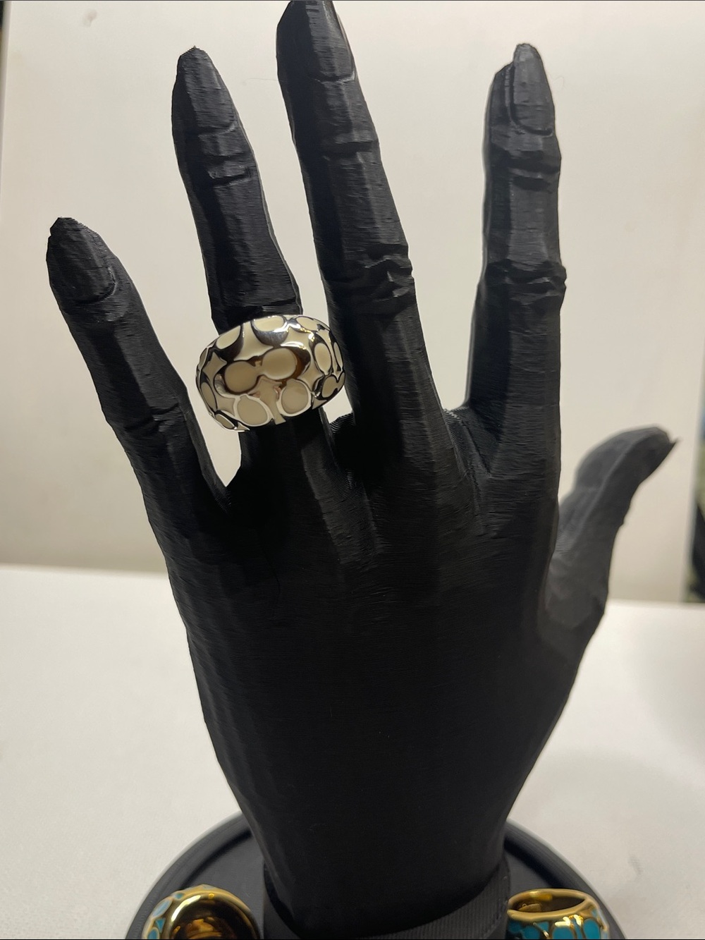 Coach Enamel C Pattern Statement Ring - White & Silver